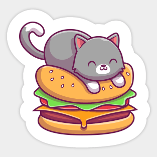 Cute Cat Lay On Burger Cartoon Sticker